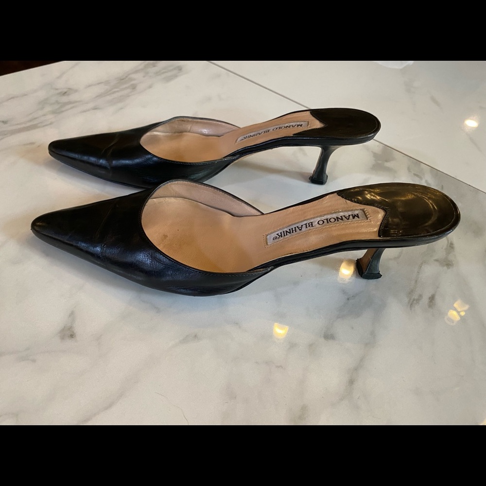 Black kitten heel Manolo Blahnik mules.